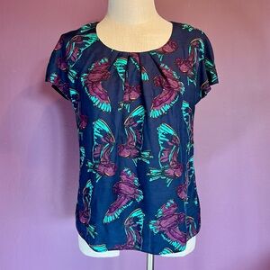 Boden Silk Blend Bird Print Pretty Top in Blue & Purple 💙🩵💜